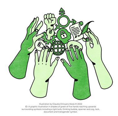 A graphic illustration in shades of green of five hands reaching upwards surrounding symbols including a light bulb, thinking bubble, spanner and cog, lock, document and transgender symbol