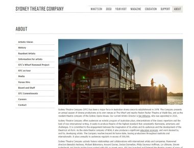 screen shot of STC about us page, with a photo of the Wharf Theatre at sunset