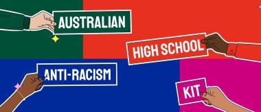 Hands holding signs that say Australian High School Anti-Racism Kit