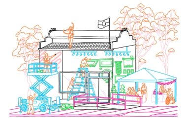 A colourful graphic line illustration of trees, an art gallery and people all engaging in work related to the arts.